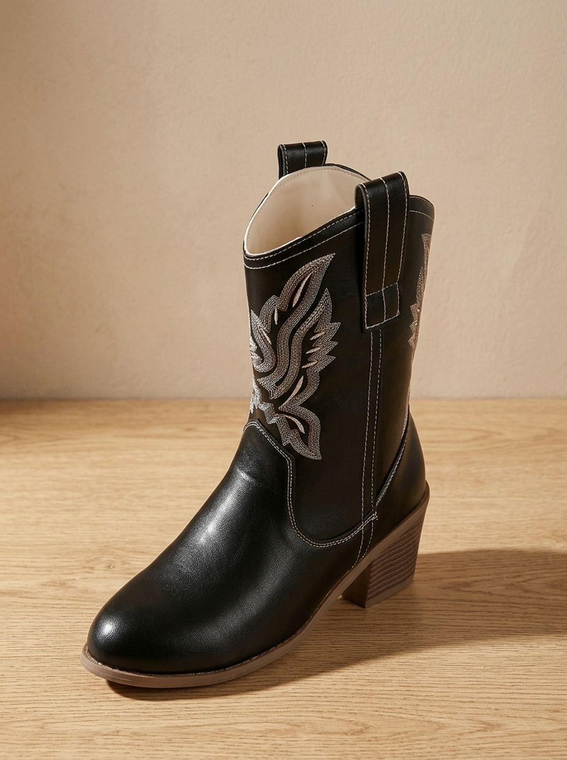 Embroidered Western Ankle Boots for Women with Block Heels and Pull Tabs