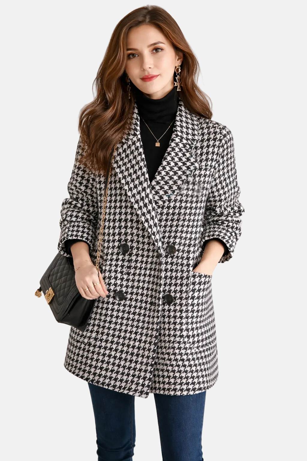 Women's Double-Breasted Check Coat | Relaxed Fit