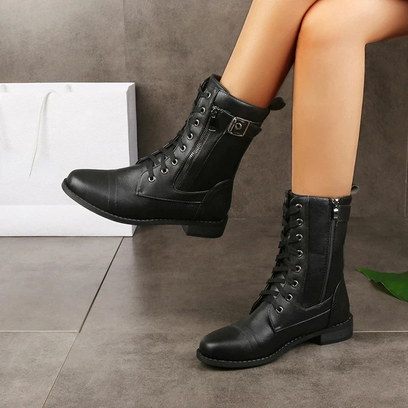 Women's Lace-Up Combat Boots with Buckle Accents