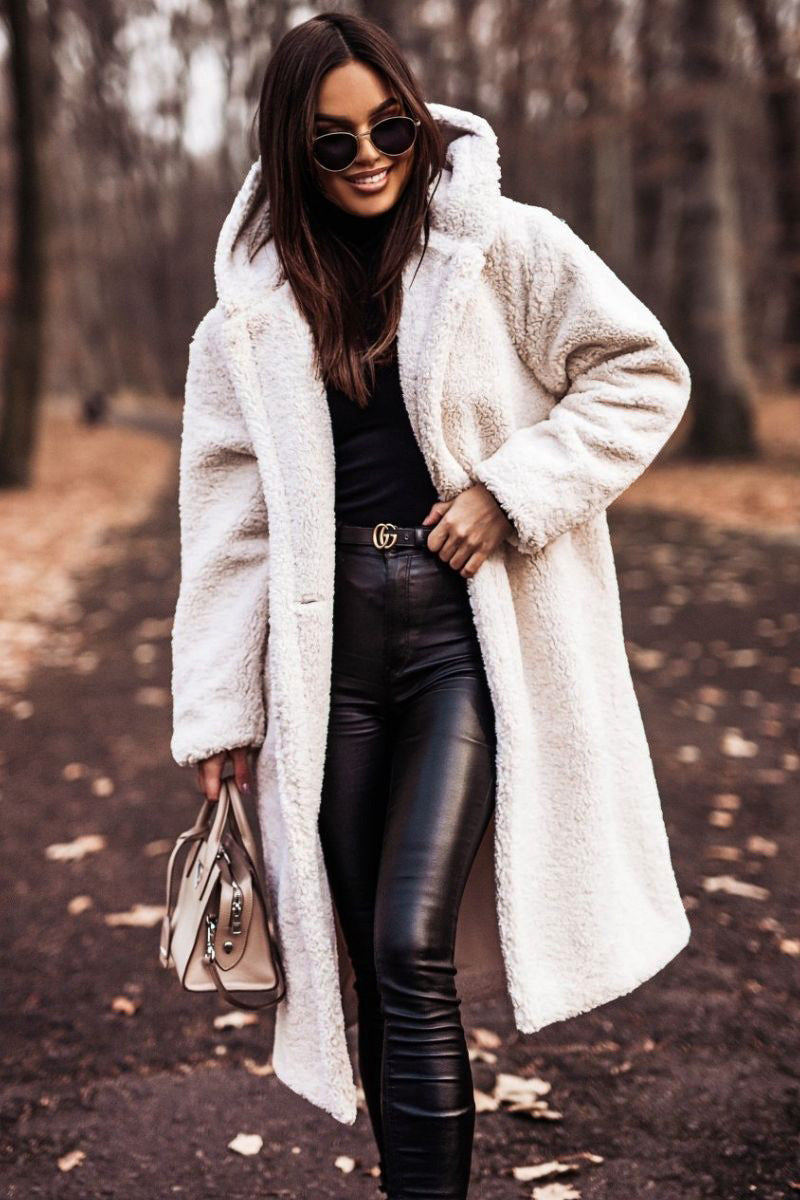Mid-Calf Length Women's Hooded Coat with Button Front Closure
