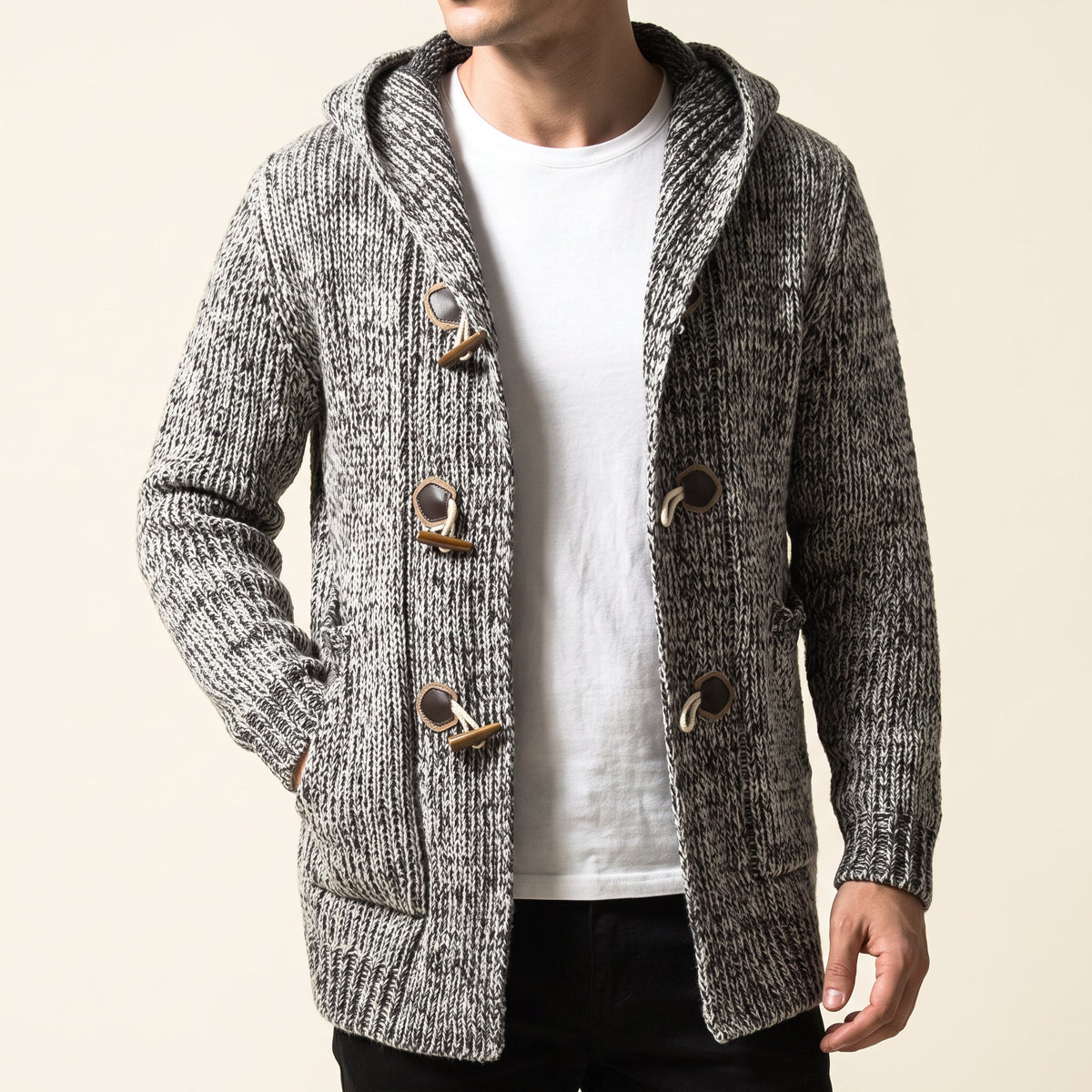 Women's Knit Hooded Cardigan with Toggle Closure and Spacious Pockets