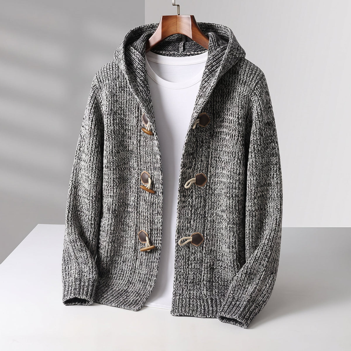 Women's Knit Hooded Cardigan with Toggle Closure and Spacious Pockets