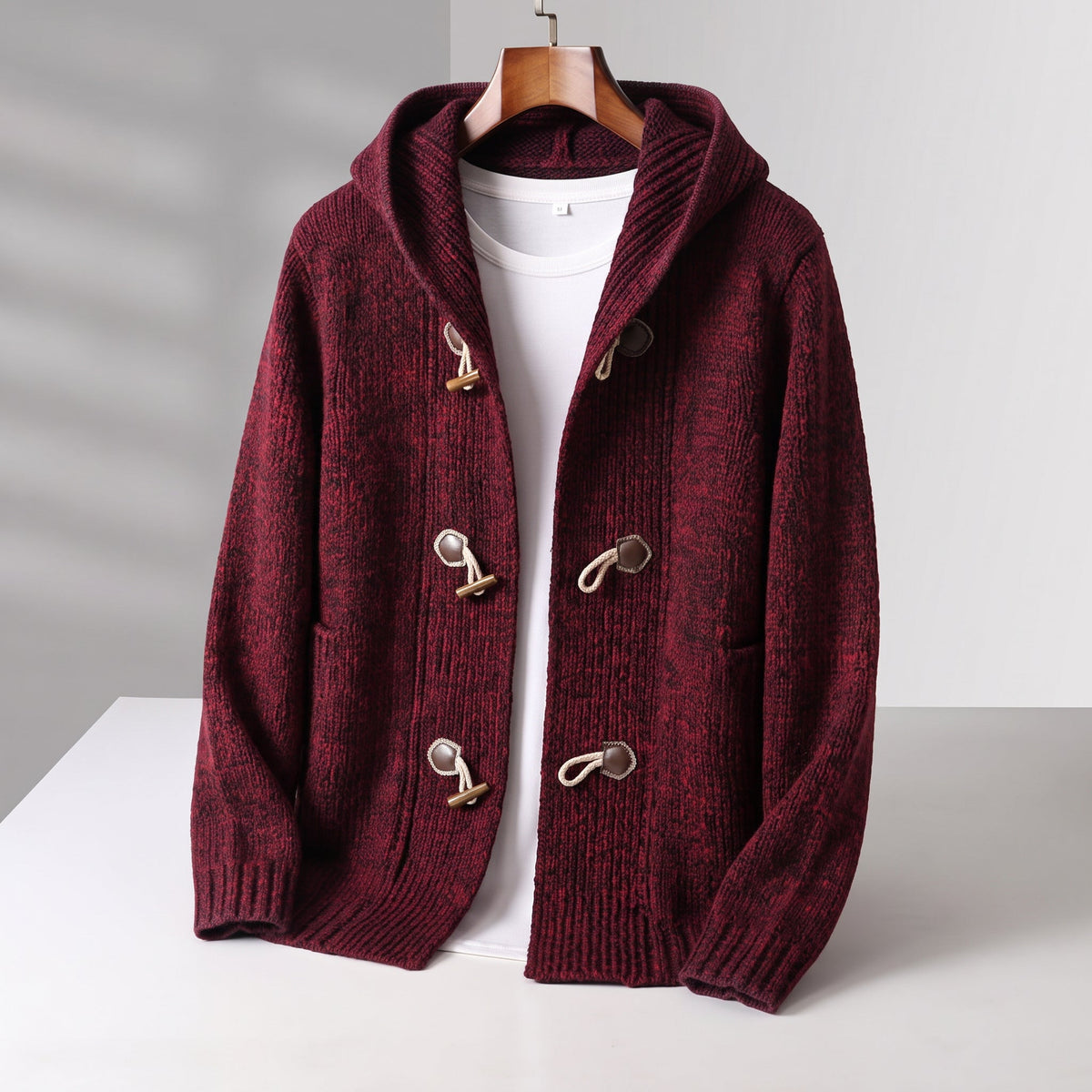 Women's Knit Hooded Cardigan with Toggle Closure and Spacious Pockets