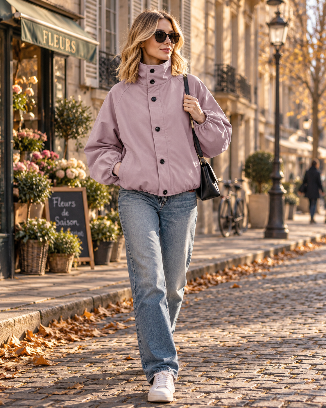 Women's Oversized High Neck Jacket with Balloon Sleeves and Button Closure