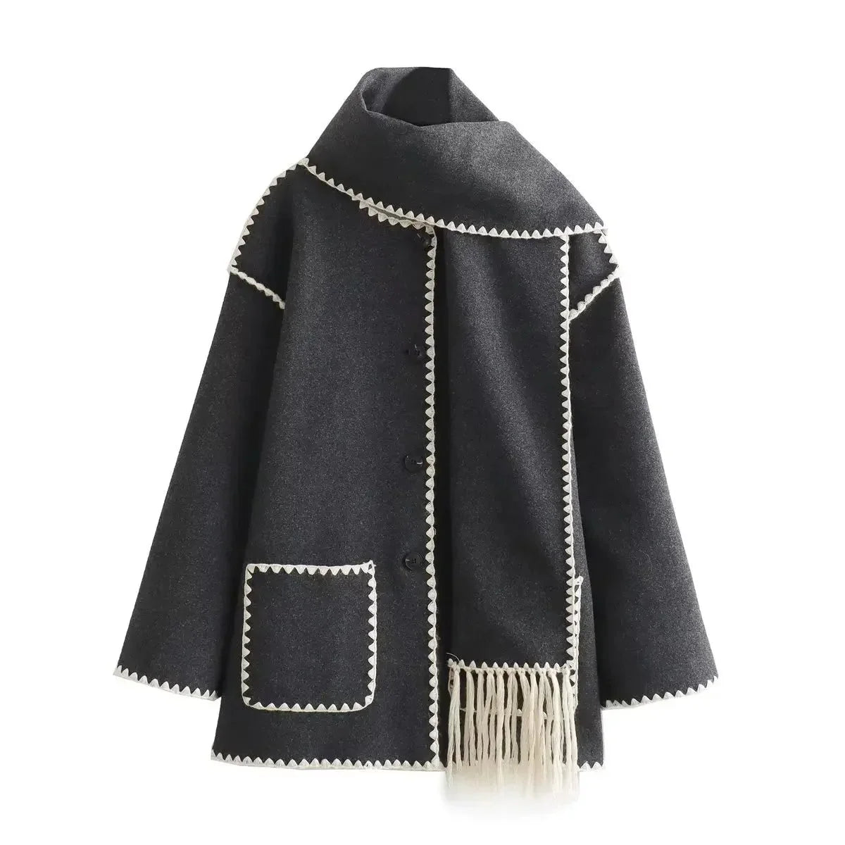Relaxed Fit Funnel Neck Scarf Coat for Women - Knee-Length