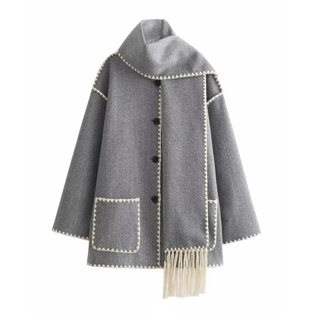 Relaxed Fit Funnel Neck Scarf Coat for Women - Knee-Length