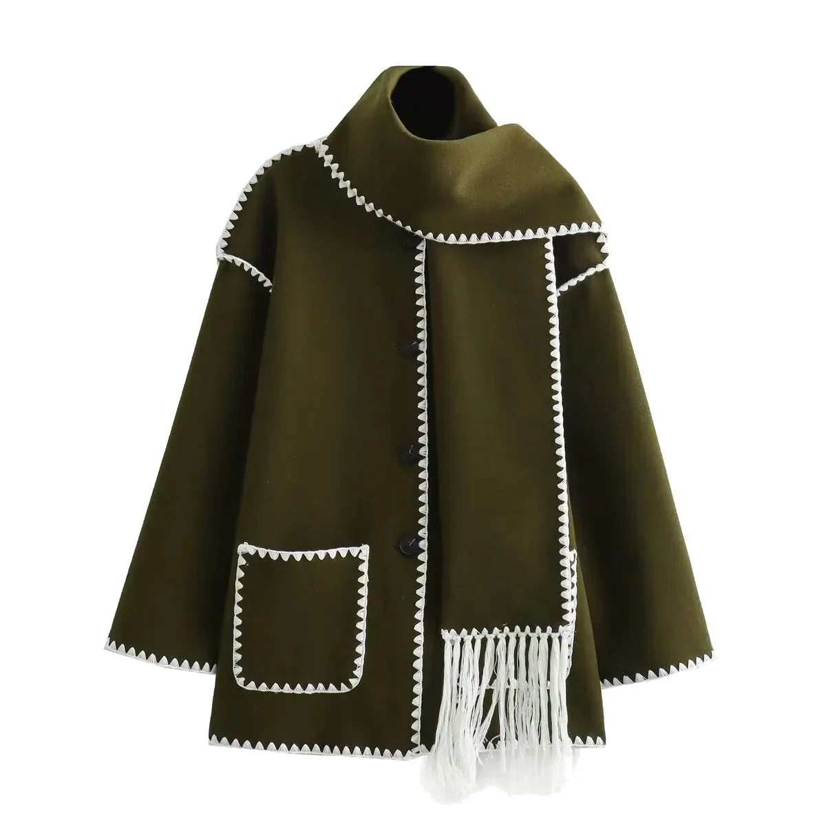 Relaxed Fit Funnel Neck Scarf Coat for Women - Knee-Length