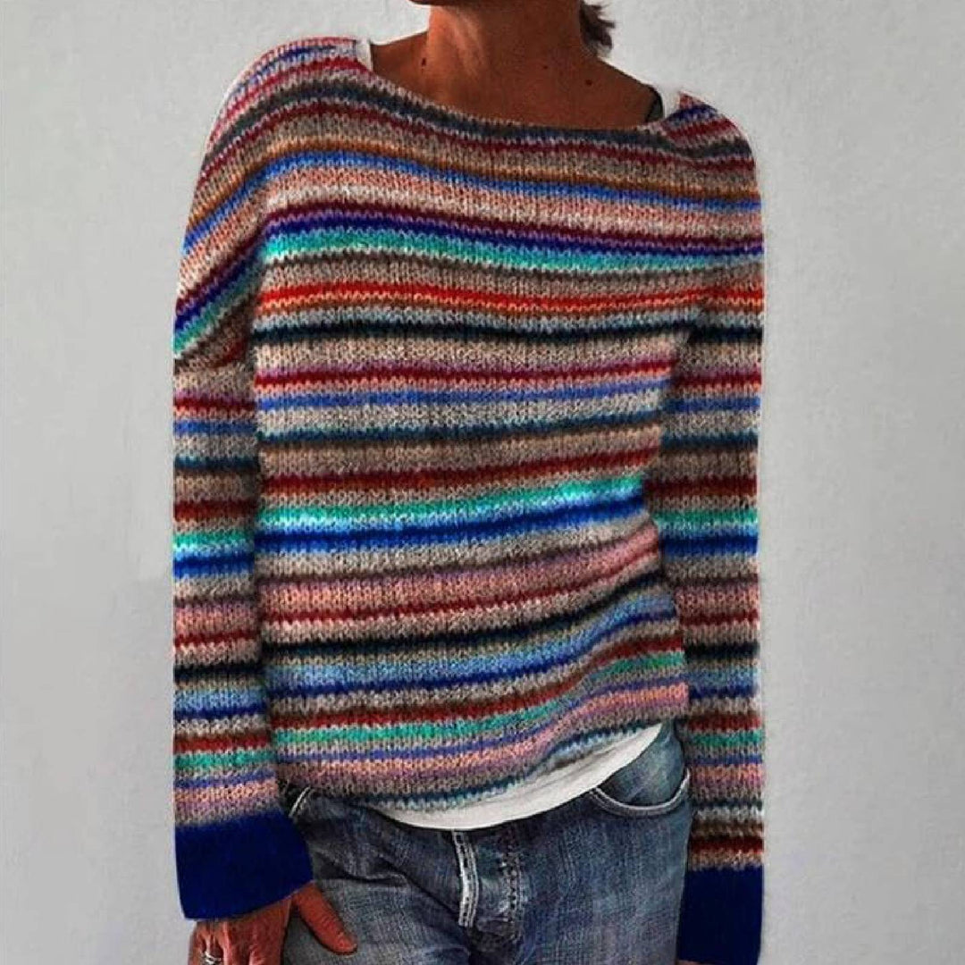 Relaxed Fit Striped Crew Neck Knit Sweater for Women - Long Sleeve