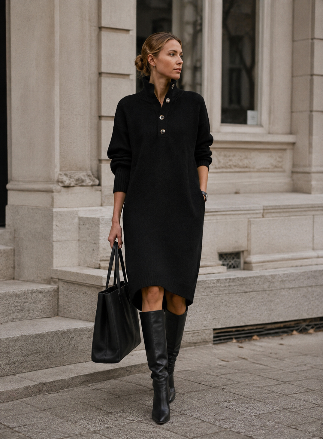 Women's High Neck Long Sleeve Midi Dress with Ribbed Cuffs