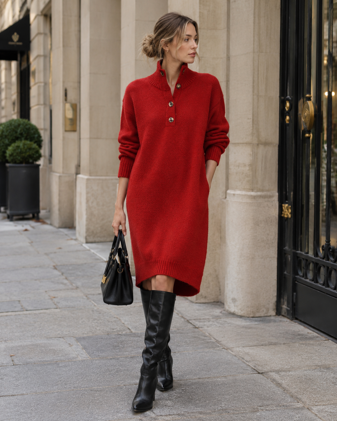 Women's High Neck Long Sleeve Midi Dress with Ribbed Cuffs