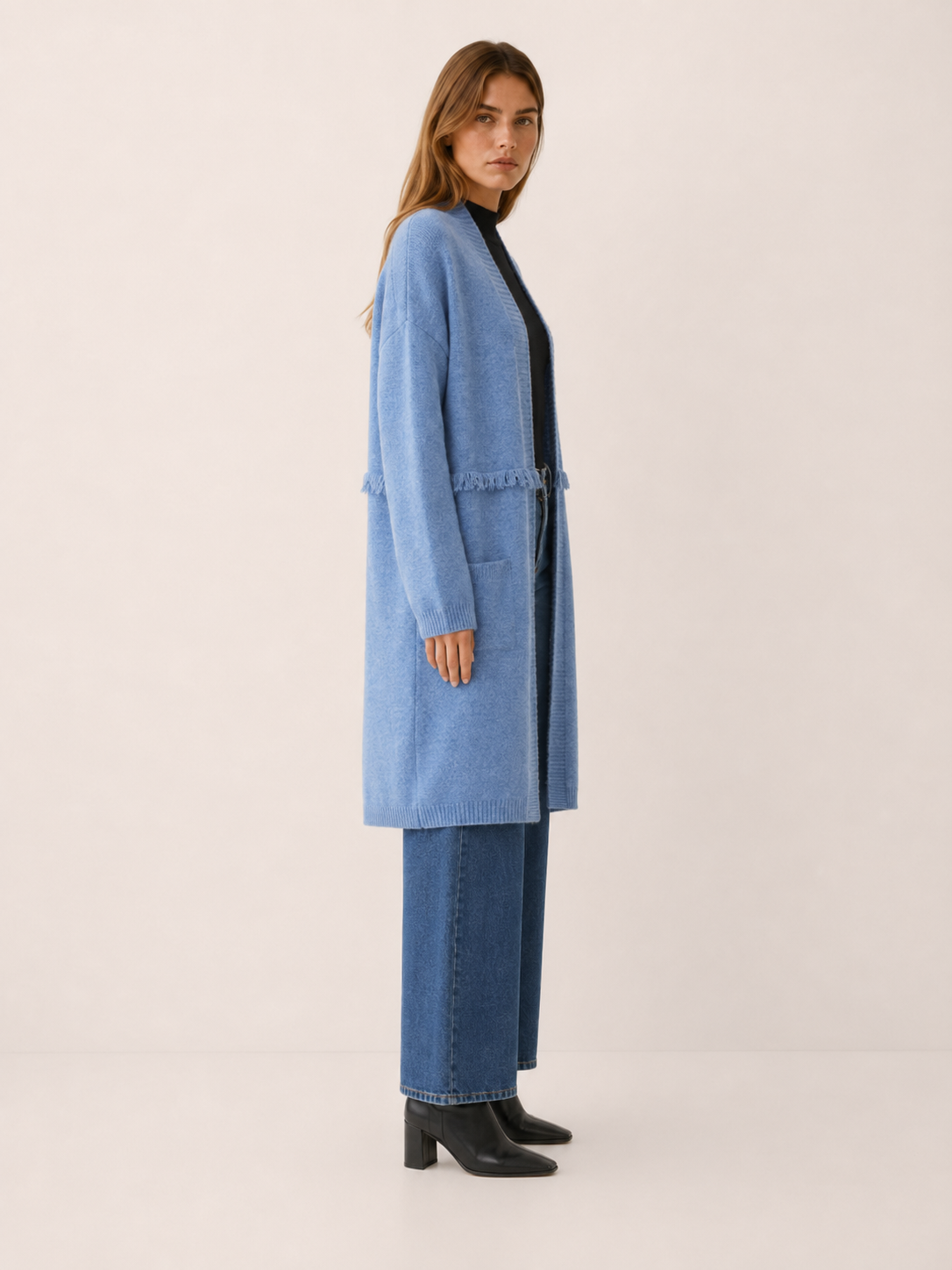 Open Front Long Cardigan for Women with Dropped Shoulder Design and Pockets