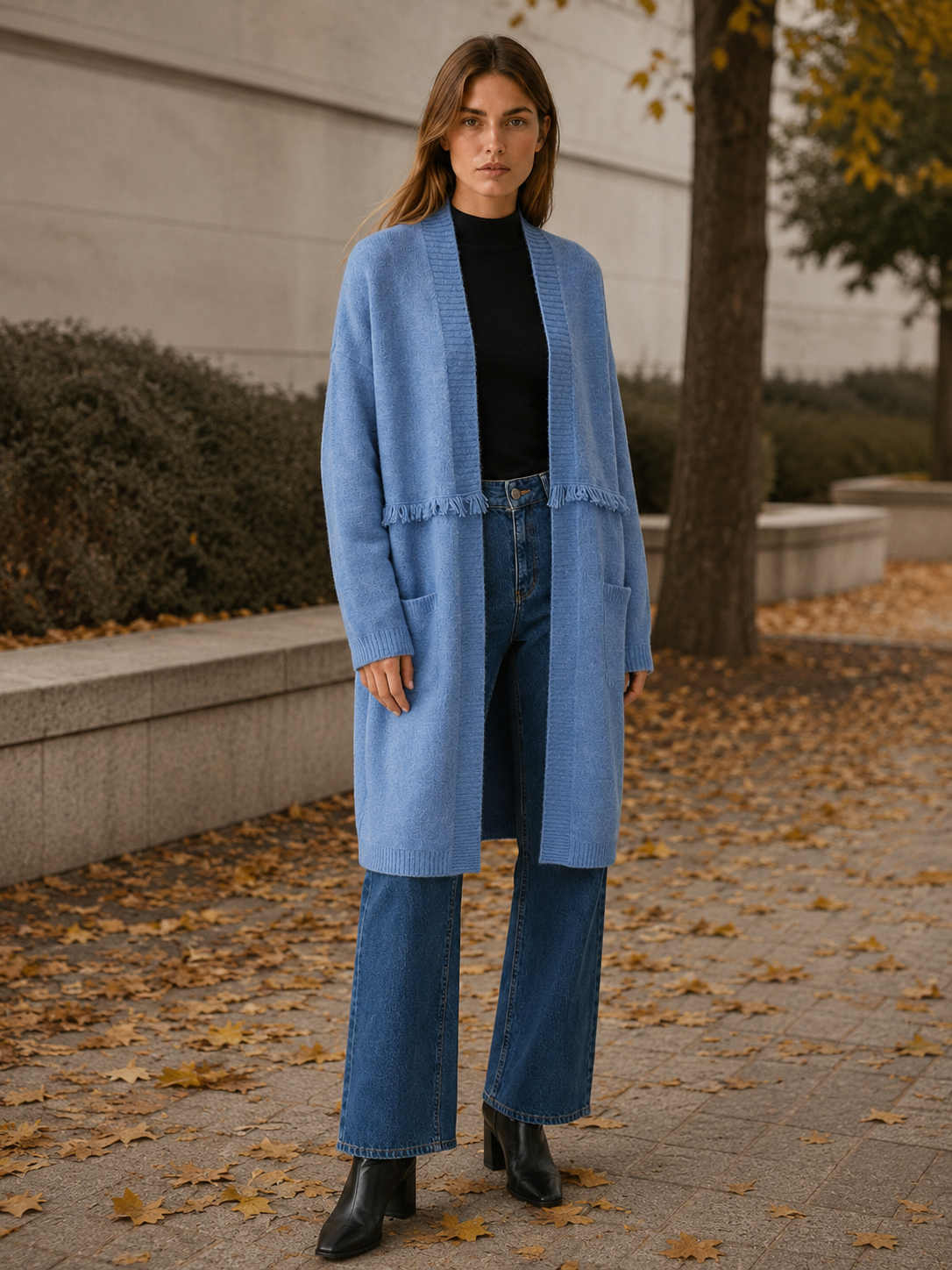 Open Front Long Cardigan for Women with Dropped Shoulder Design and Pockets
