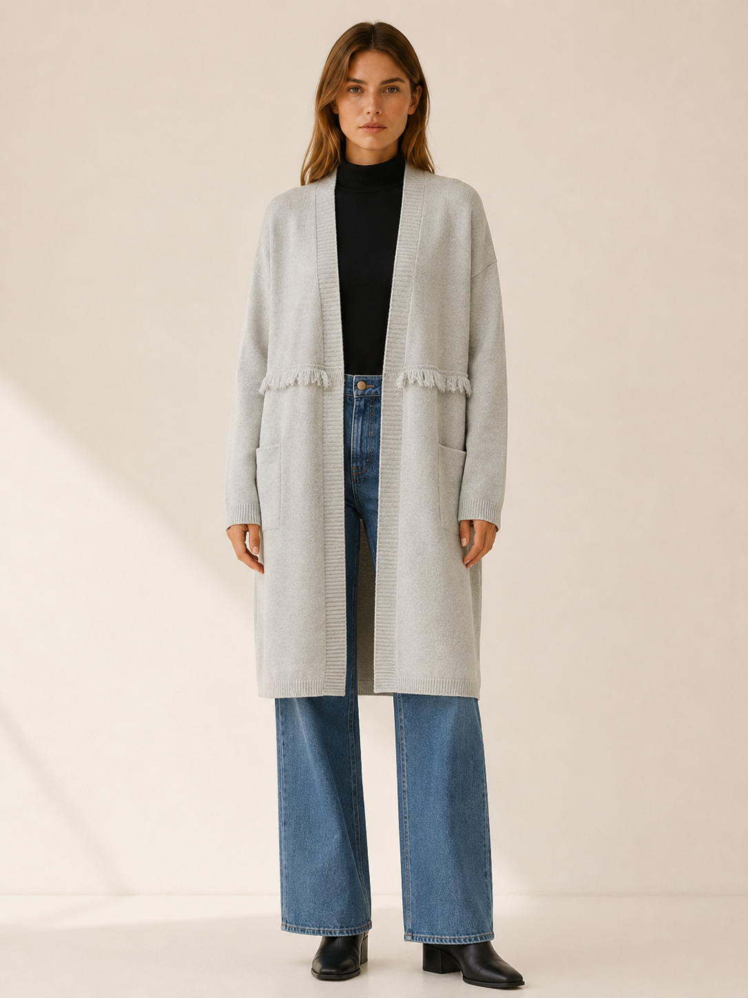 Open Front Long Cardigan for Women with Dropped Shoulder Design and Pockets