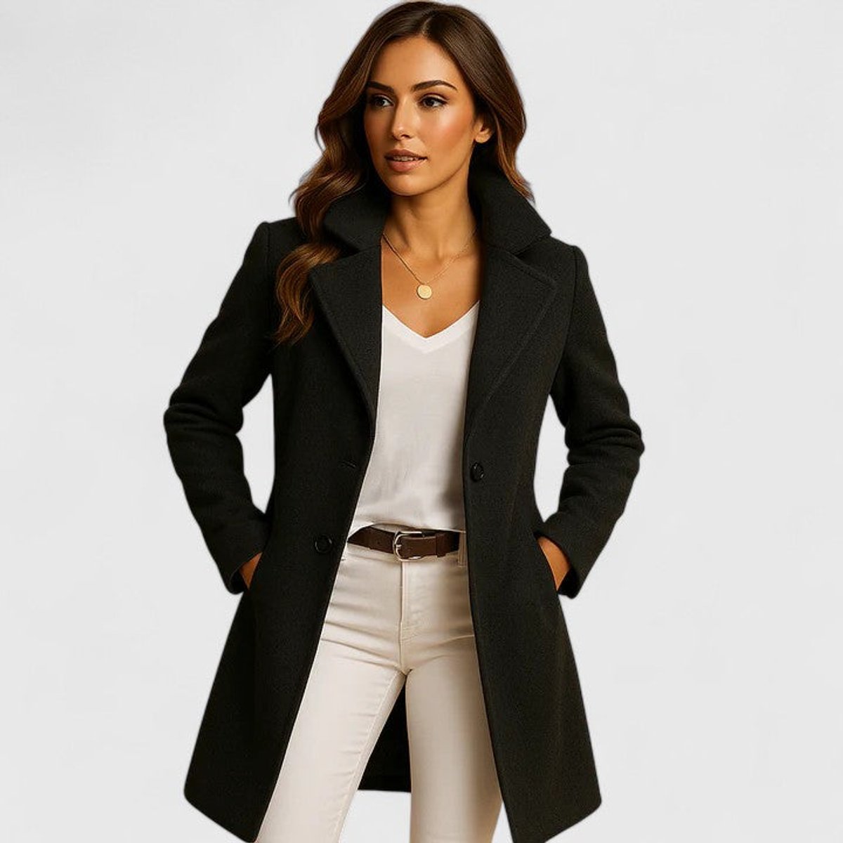 Women's Thigh-Length Notch Lapel Coat with Pockets