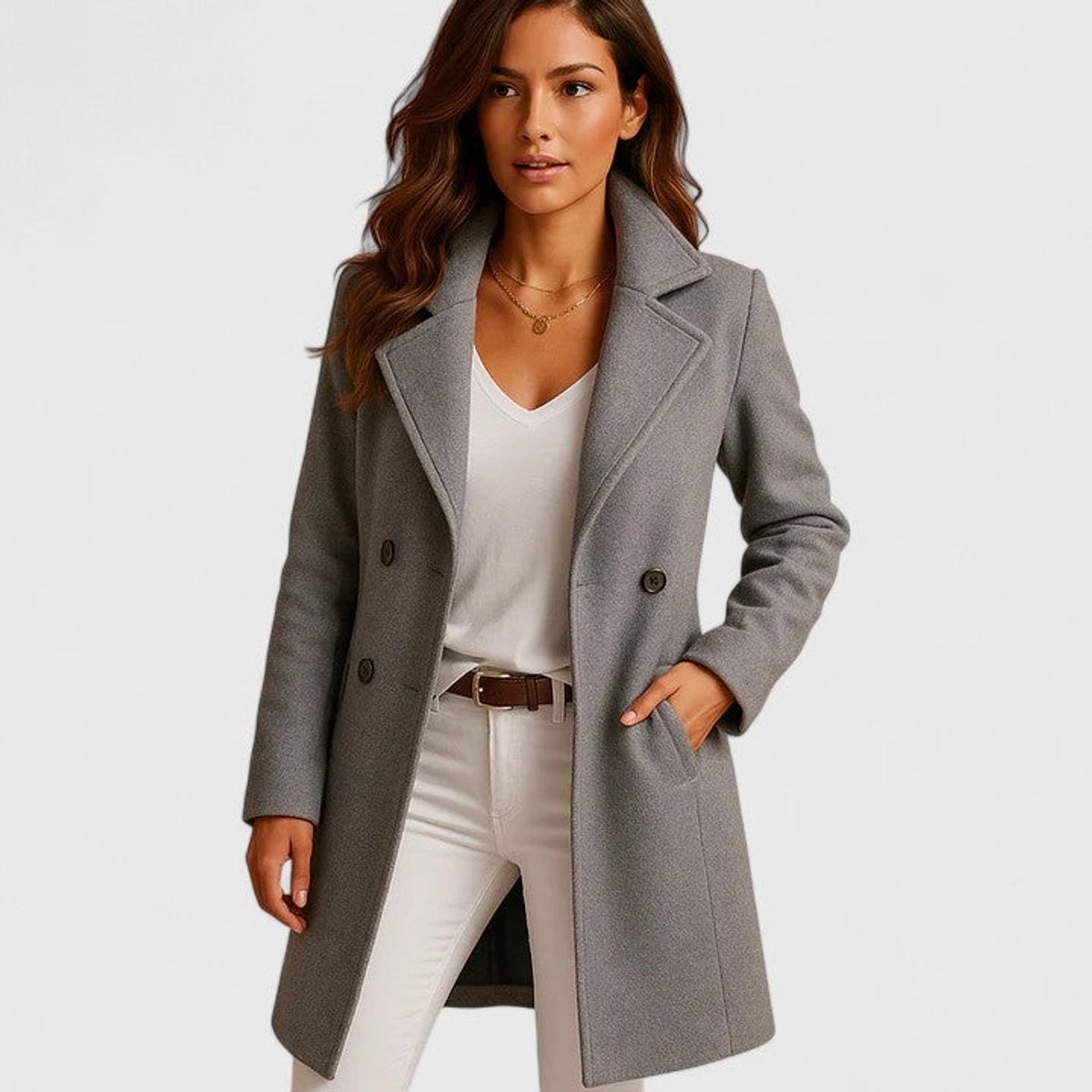 Women's Thigh-Length Notch Lapel Coat with Pockets