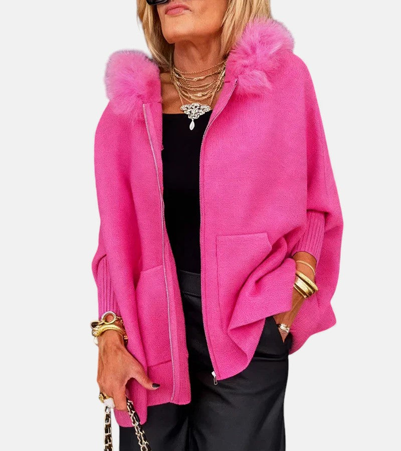 Women's Hooded Oversized Coat with Relaxed Batwing Sleeves and Fur Trim
