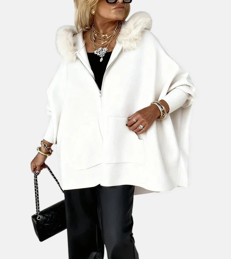 Women's Hooded Oversized Coat with Relaxed Batwing Sleeves and Fur Trim