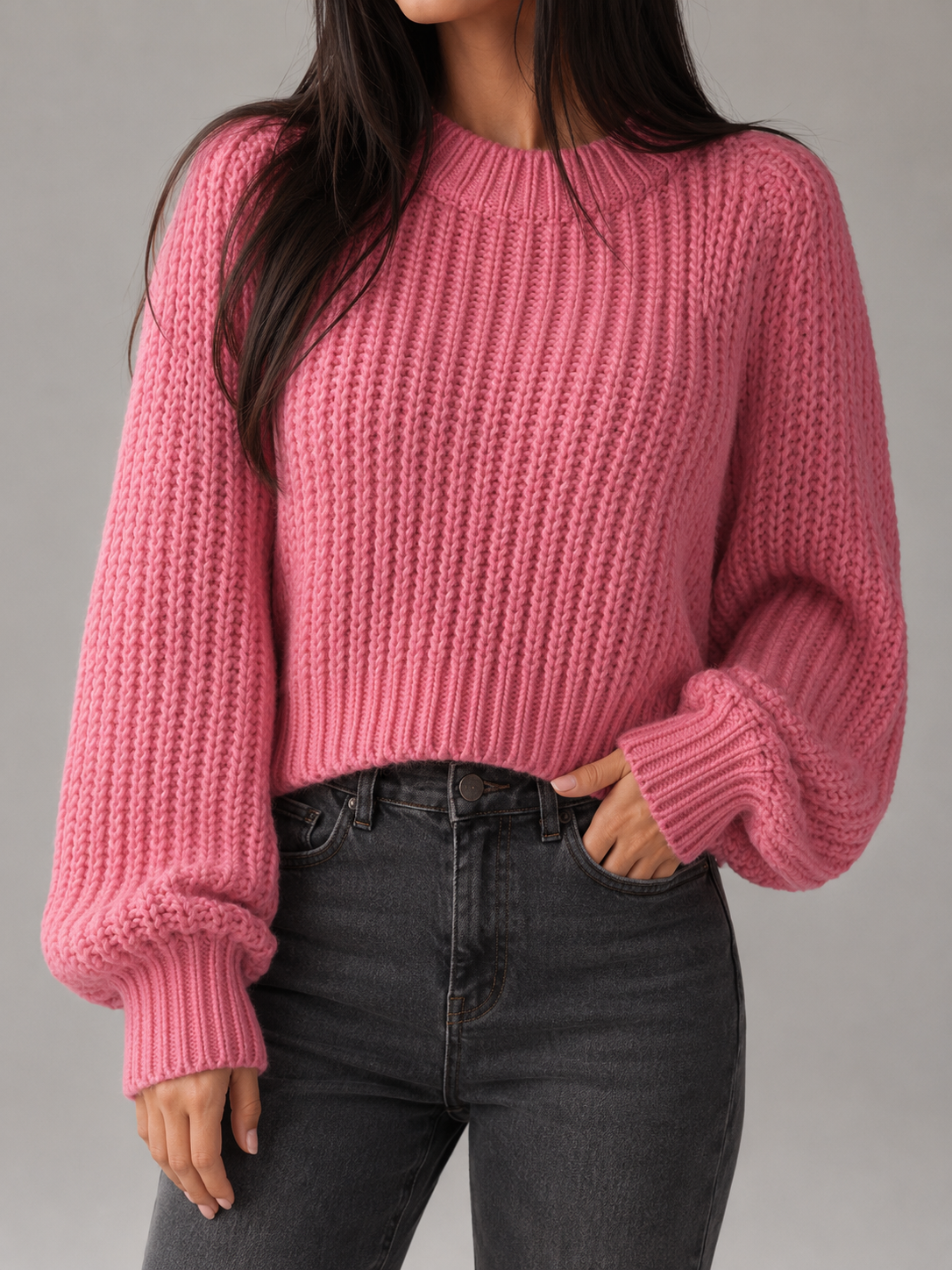 Women's Oversized Cable Knit Sweater with Drop Shoulders and Ribbed Cuffs