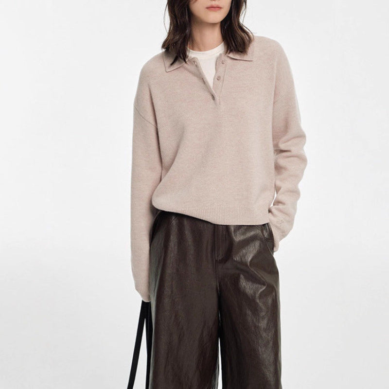 Relaxed Fit Women's Polo Sweater with Ribbed Accents