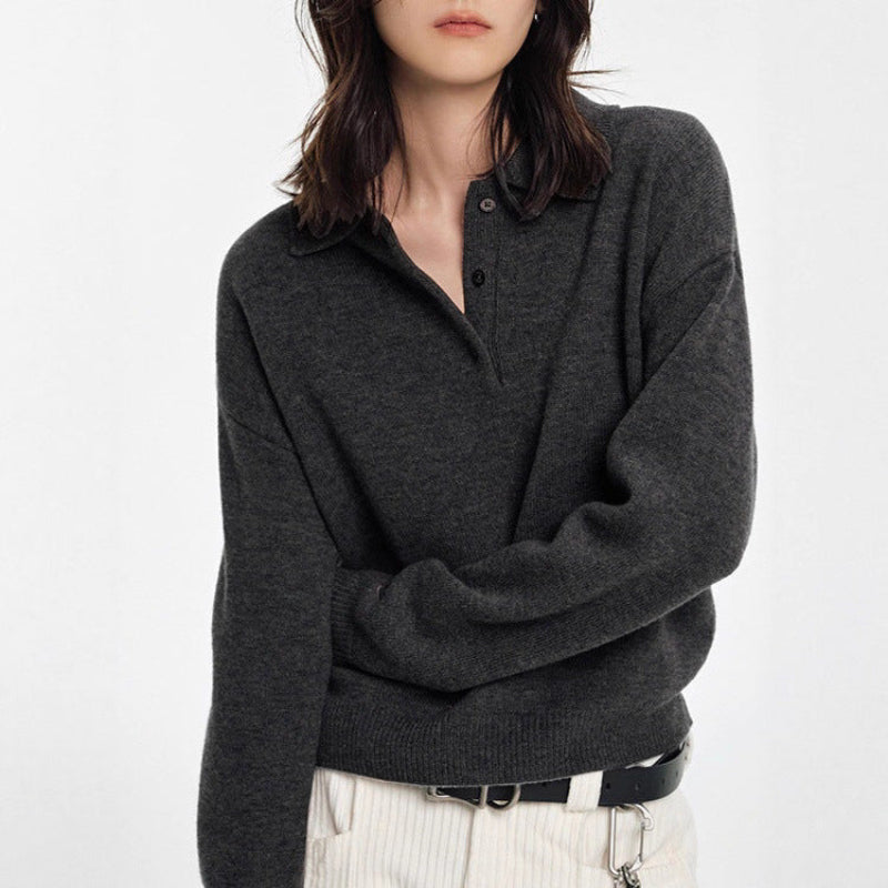 Relaxed Fit Women's Polo Sweater with Ribbed Accents