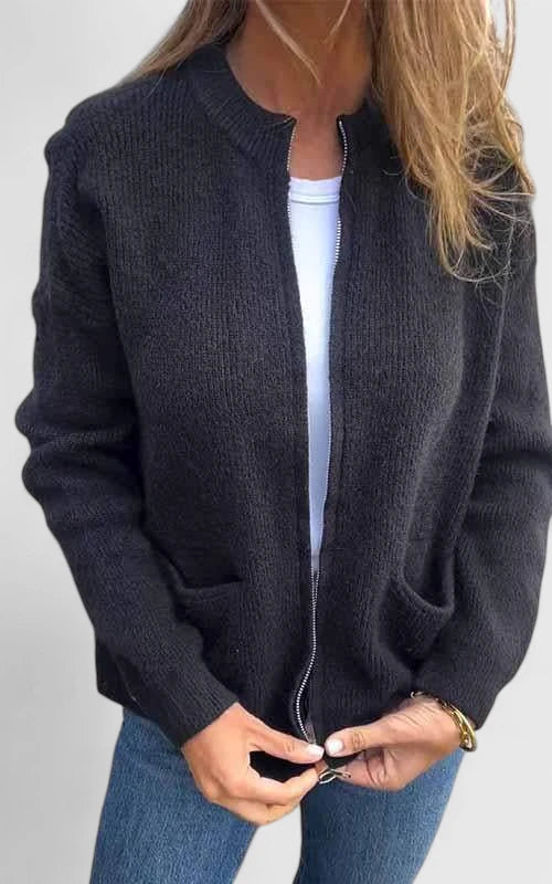 Women's Casual Zip Jacket with Round Neck and Pockets