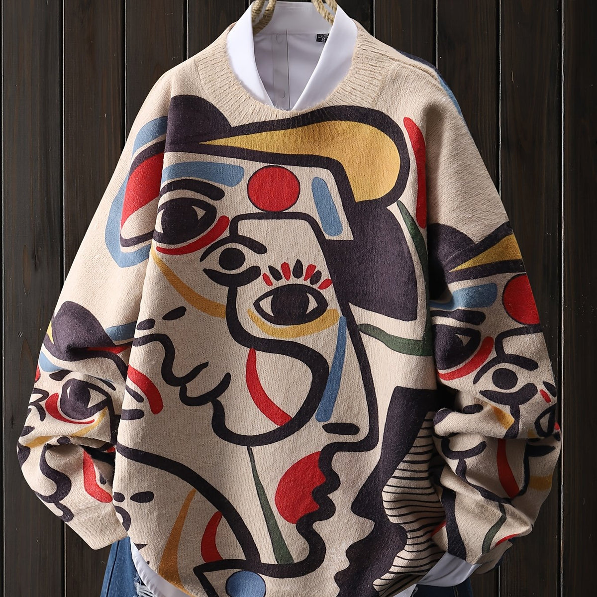 Abstract Print Relaxed Round Neck Sweater for Women with Long Sleeves