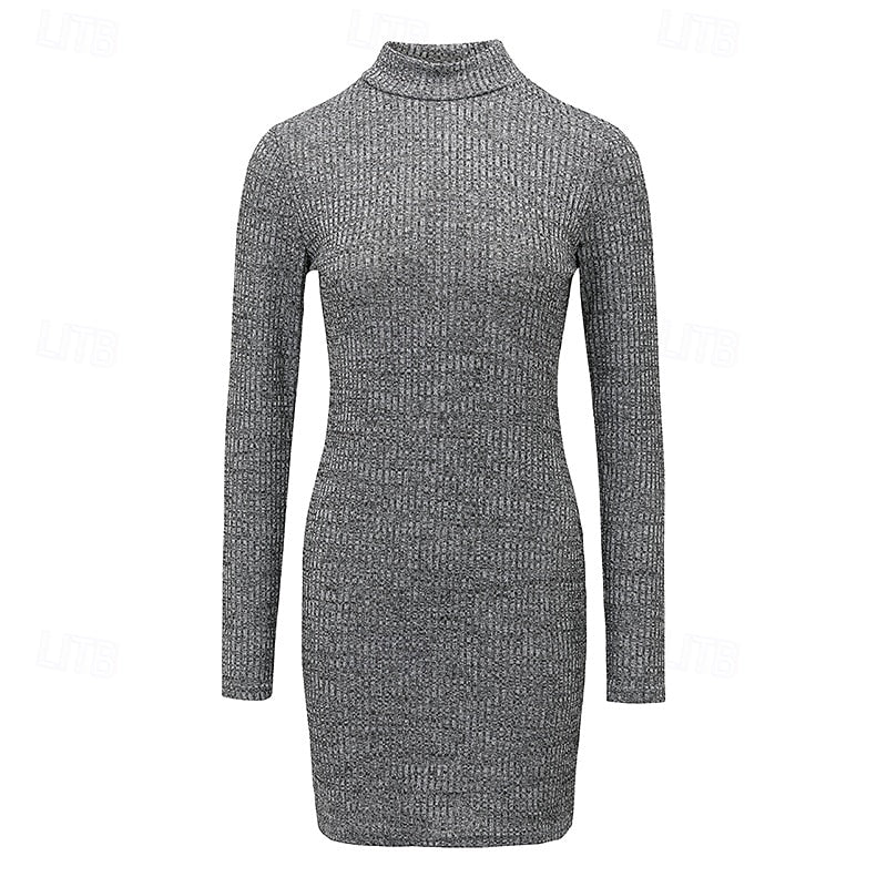 High Turtleneck Long Sleeve Ribbed Knit Sweater Dress for Women