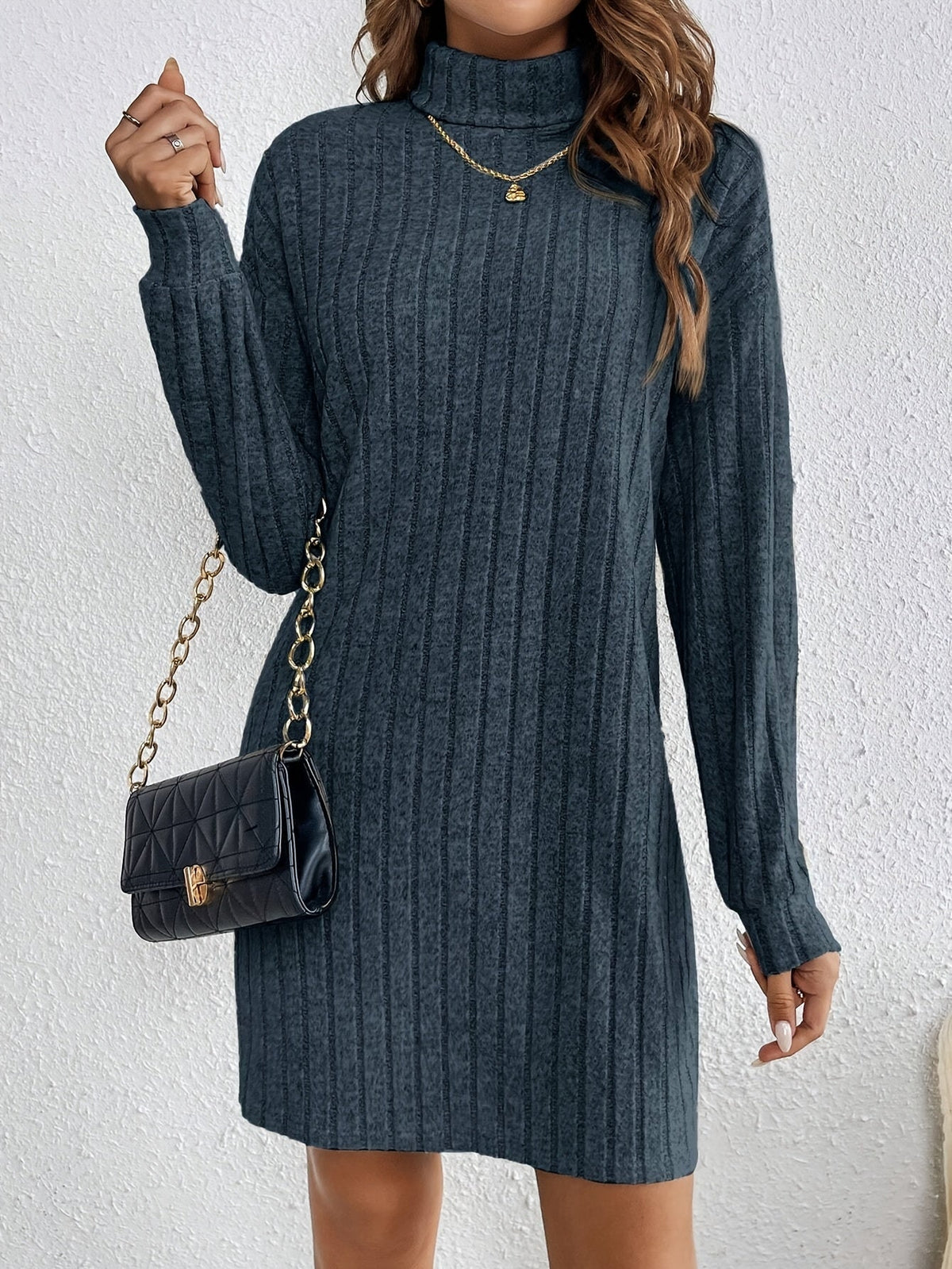Ribbed Turtleneck Long Sleeve Sweater Dress for Women with Shaped Fit
