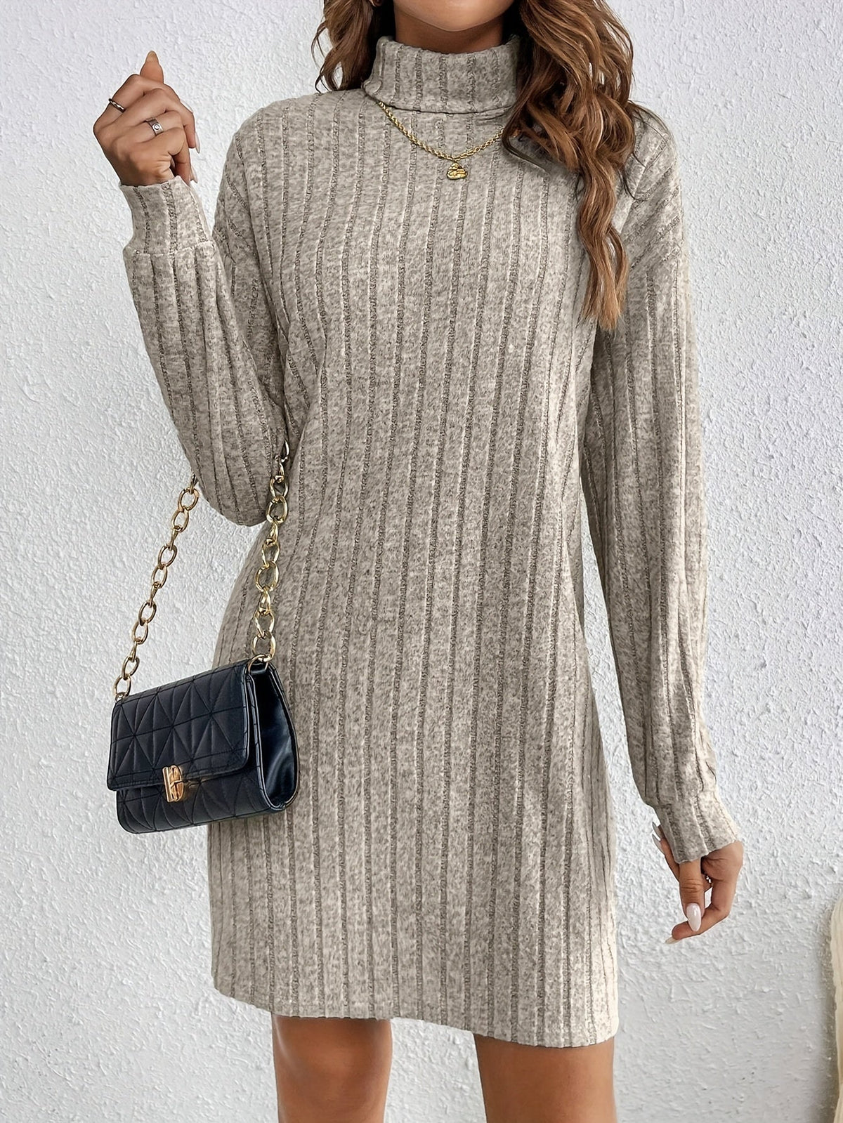 Ribbed Turtleneck Long Sleeve Sweater Dress for Women with Shaped Fit