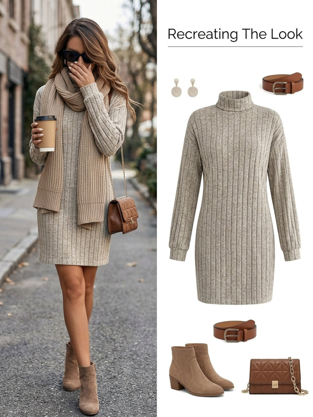 Ribbed Turtleneck Long Sleeve Sweater Dress for Women with Shaped Fit