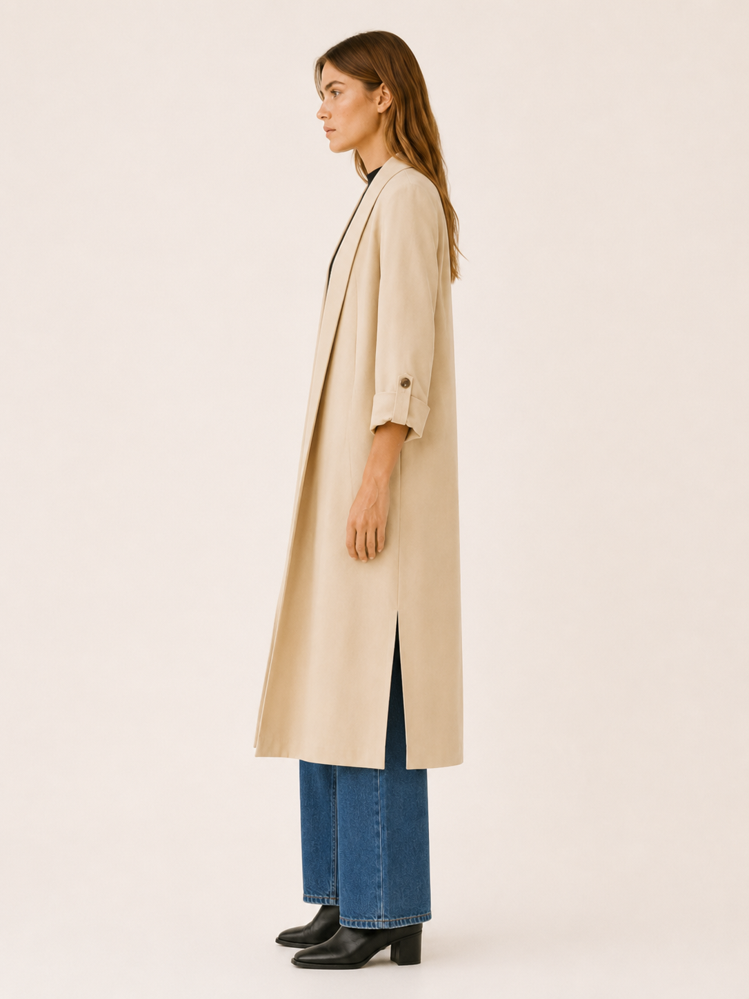 Flowy Women's Trench Coat with Open Front, Roll Tab Sleeves, and Side Slits