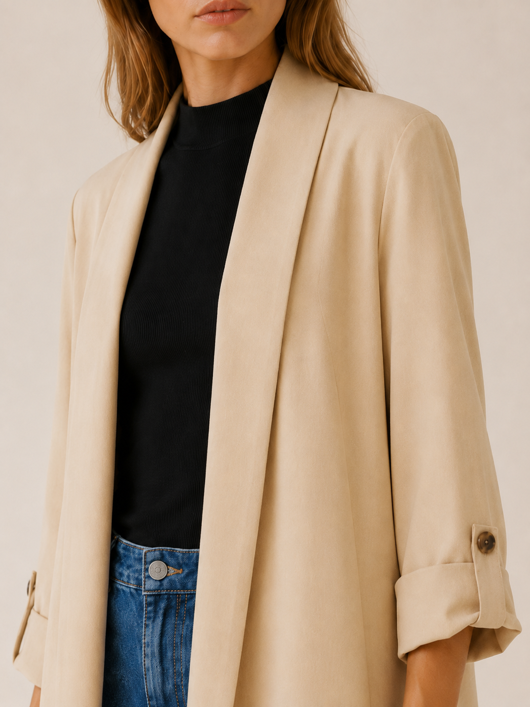 Flowy Women's Trench Coat with Open Front, Roll Tab Sleeves, and Side Slits