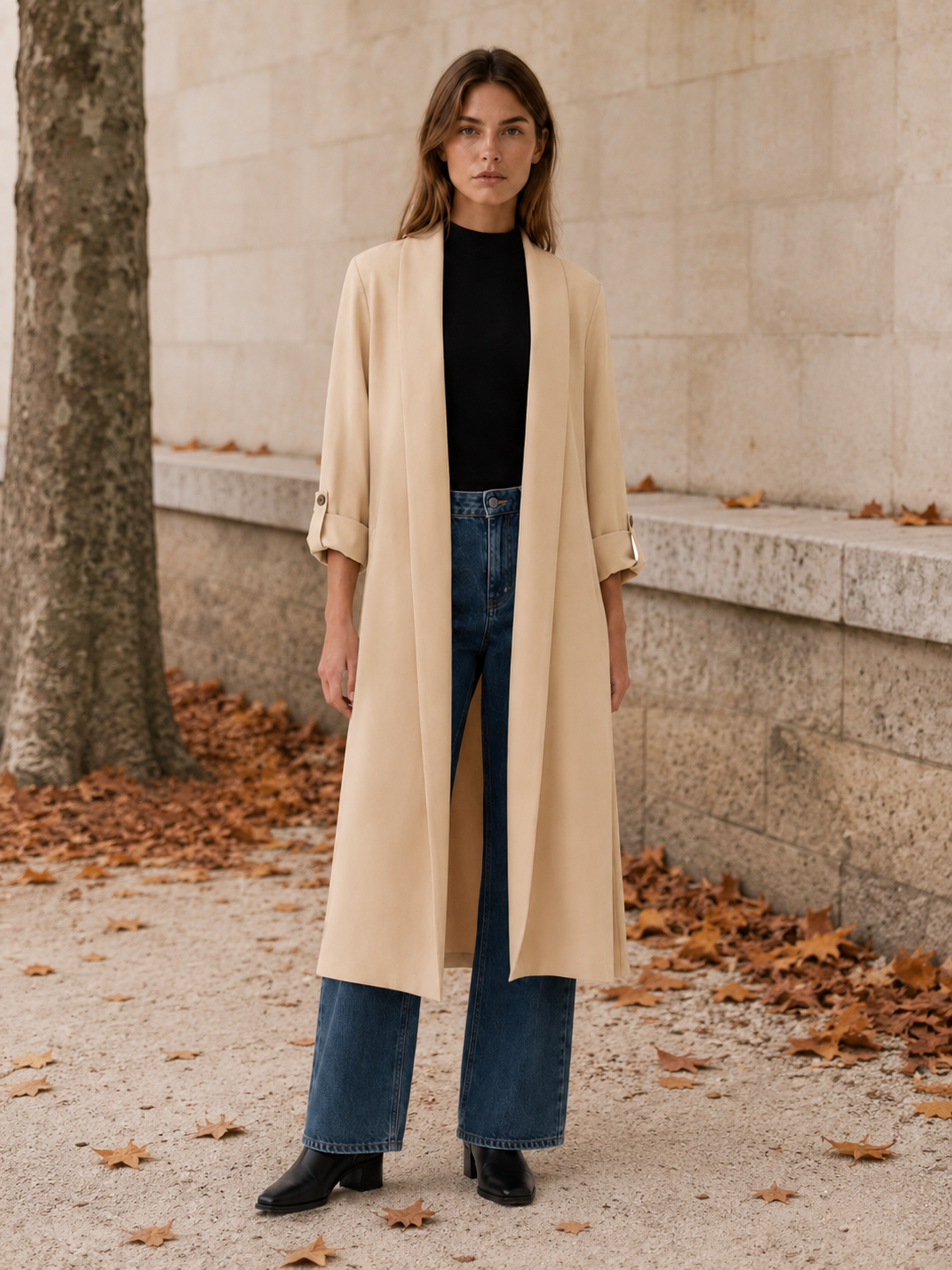 Flowy Women's Trench Coat with Open Front, Roll Tab Sleeves, and Side Slits