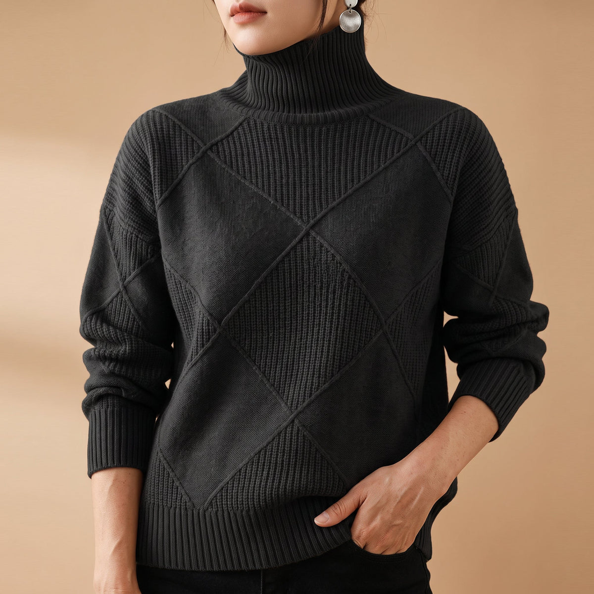 Diamond-Block Ribbed Trim Turtleneck Sweater for Women