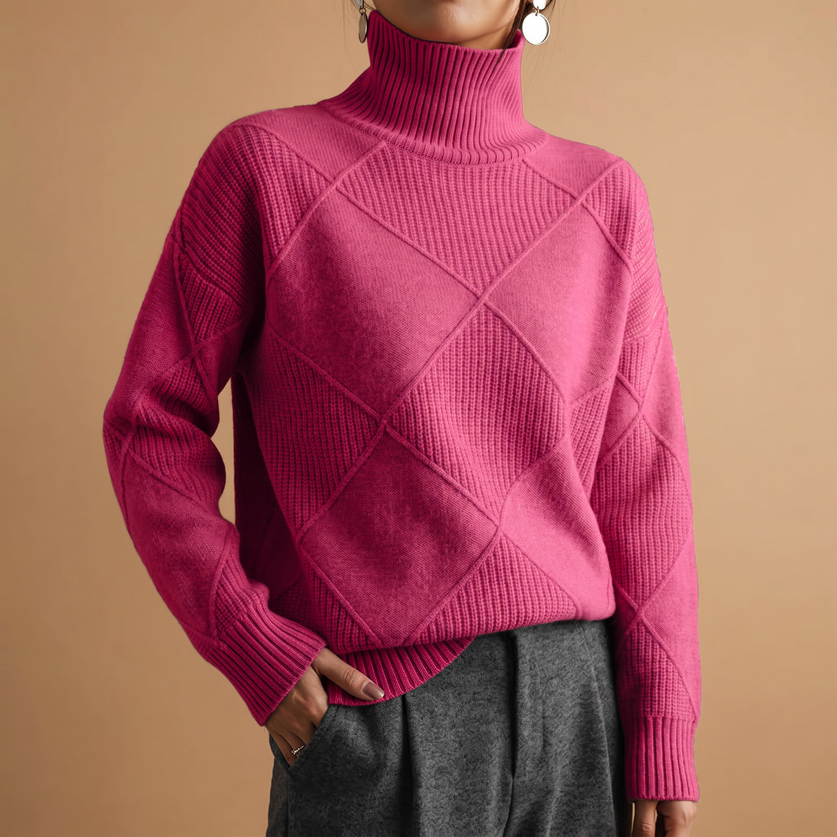 Diamond-Block Ribbed Trim Turtleneck Sweater for Women
