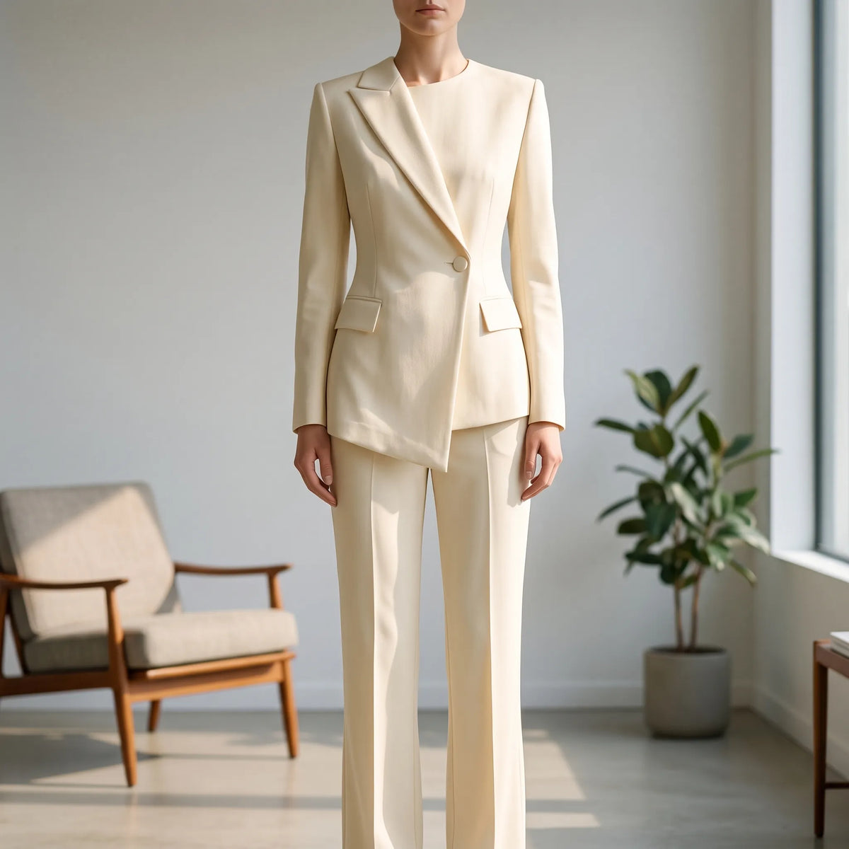 Contemporary Suit Featuring Asymmetric Blazer and Flared Trousers