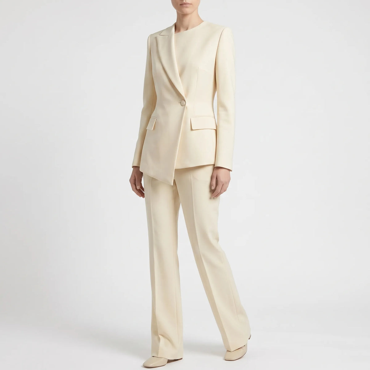 Contemporary Suit Featuring Asymmetric Blazer and Flared Trousers