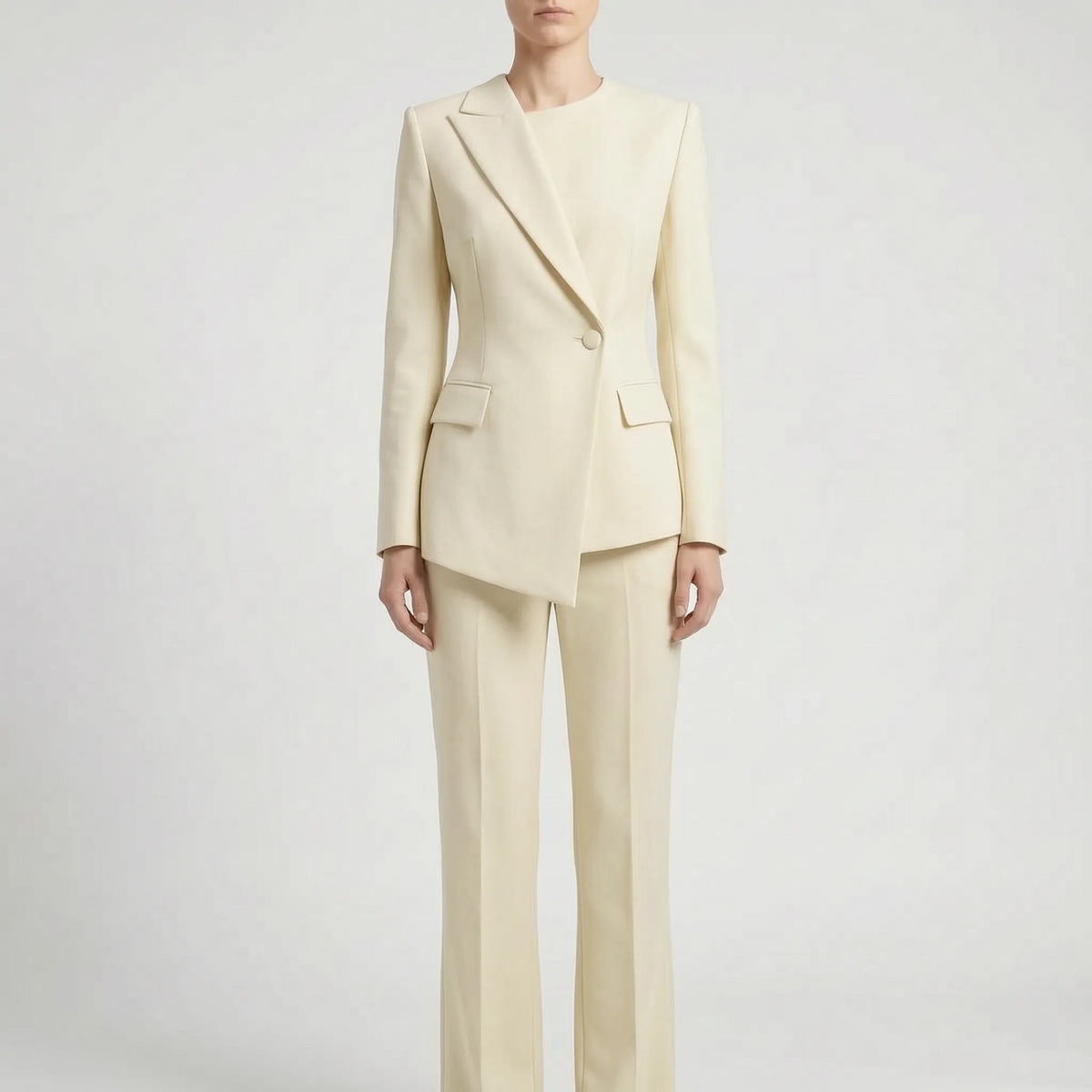Contemporary Suit Featuring Asymmetric Blazer and Flared Trousers