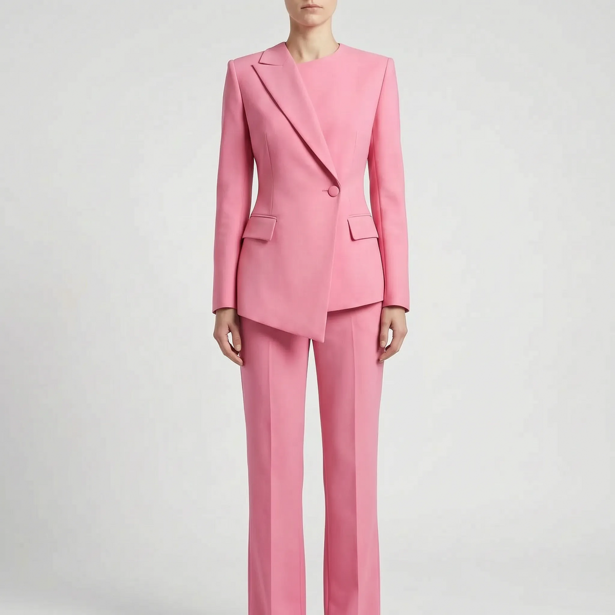 Contemporary Suit Featuring Asymmetric Blazer and Flared Trousers