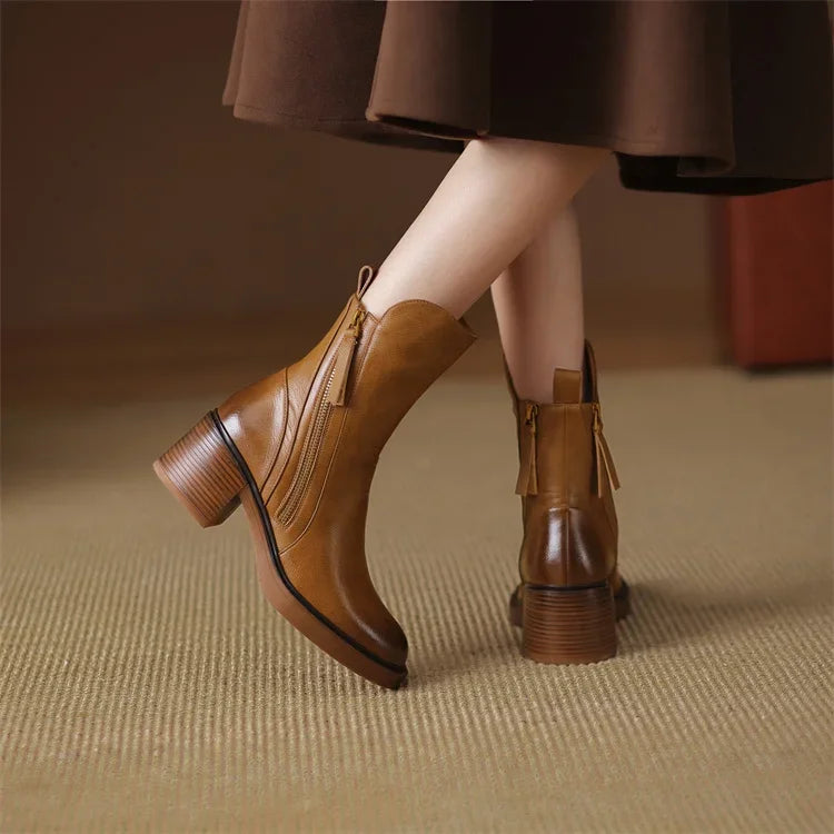 Chic Women's Authentic Leather Ankle Boots with Block Heel