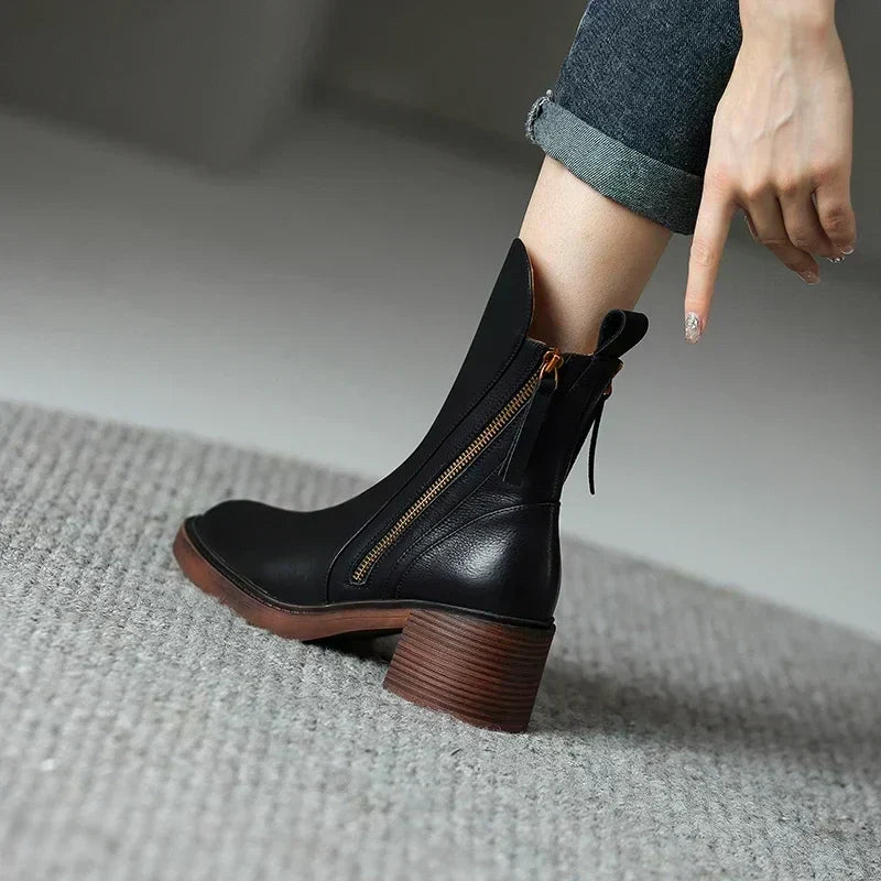 Chic Women's Authentic Leather Ankle Boots with Block Heel