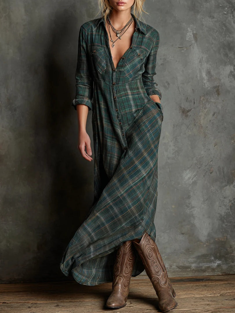Ladies Long Dress with Checked Lapel | Classic, Feminine and Effortlessly Stylish