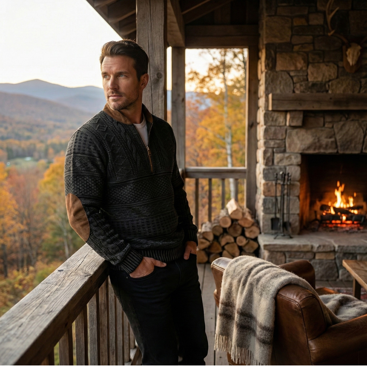 Trendy Men's Half Zip Sweater with Elbow Patches for Casual Wear