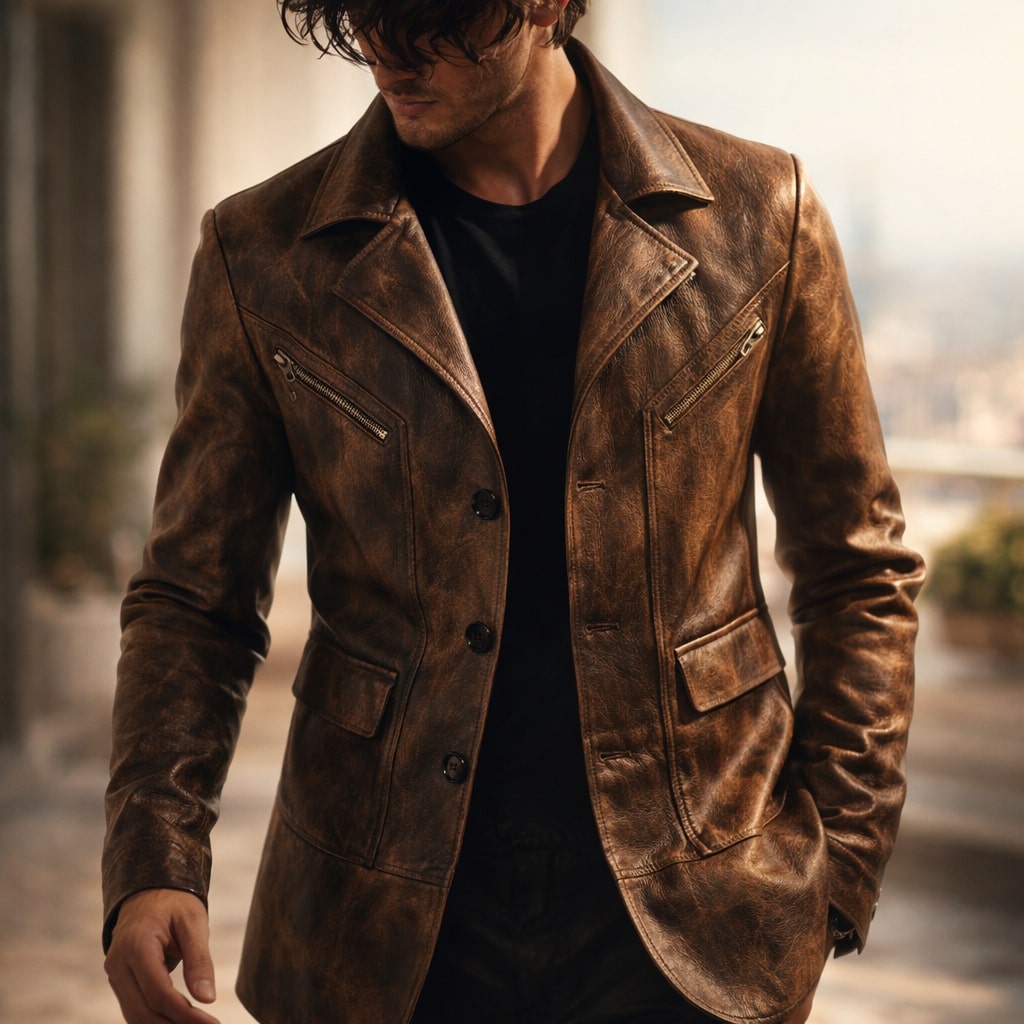 Refined Men's Leather Jacket with Structured Design