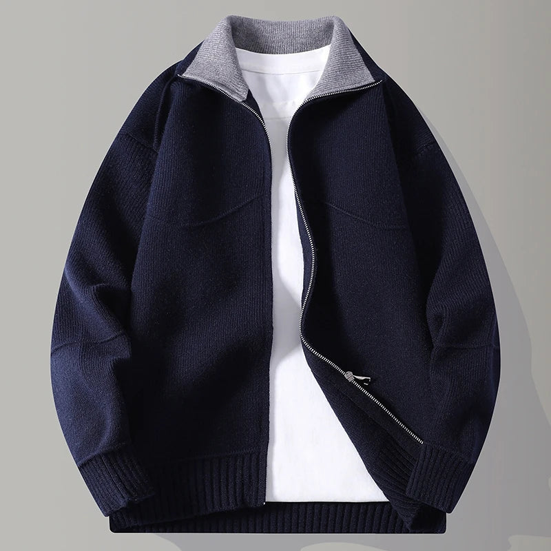 Men's Knit Zip-Up Cardigan with Mock Neck for Versatile Business and Casual Style