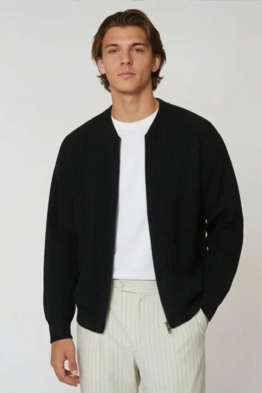Knitted Gents' Cardigan with Pockets - Black