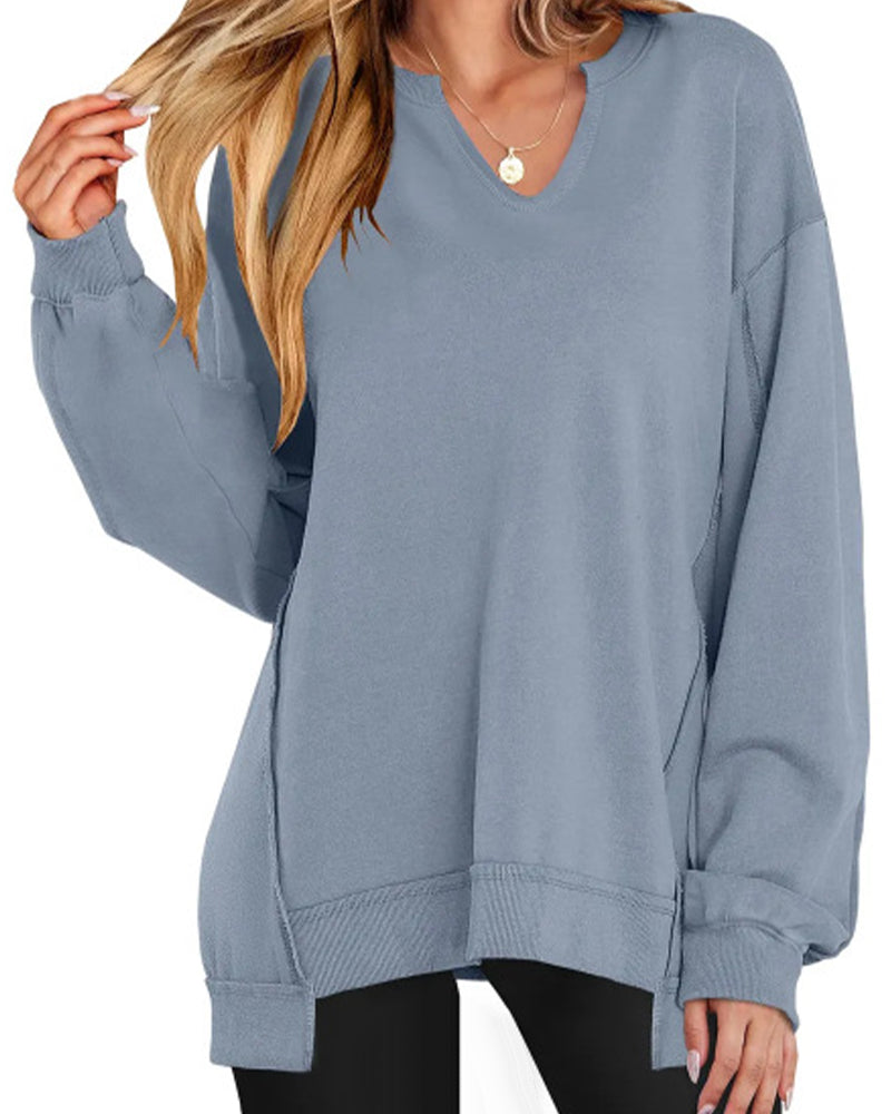 Relaxed Fit V-Neck Solid Color Sweatshirt
