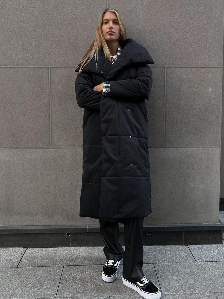 Anna | Women's Long Padded Jacket with Oversized Collar, Belted Waist, and Pockets