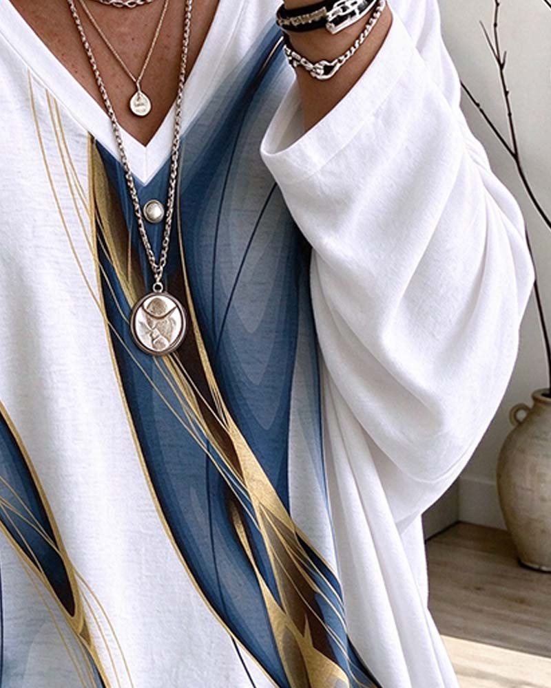 Loose-Fit V-Neck Top with Abstract Art Print