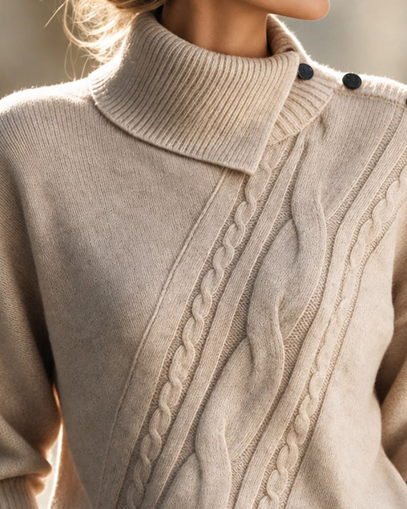 Diagonal Knit Turtleneck Pullover with Button Details